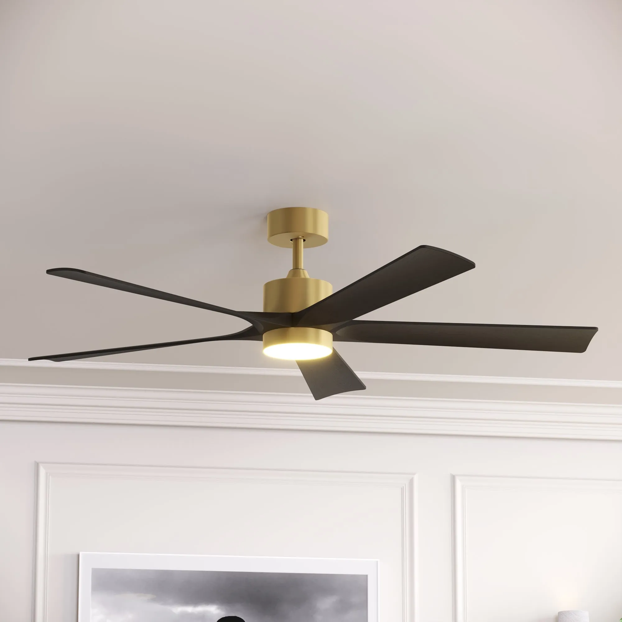 5-Blade Ceiling Fan with Black Wood Blades, LED Light, and Timer