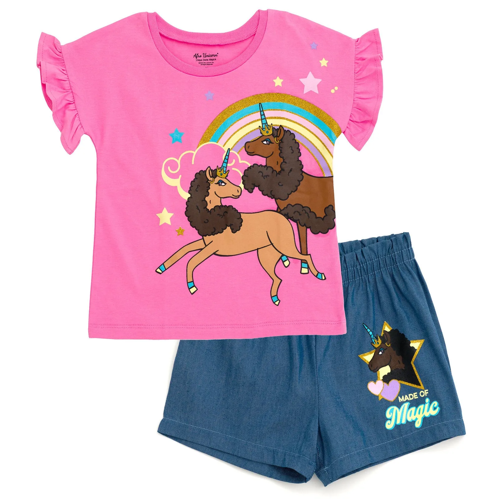 Afro Unicorn T-Shirt and Chambray Shorts Outfit Set