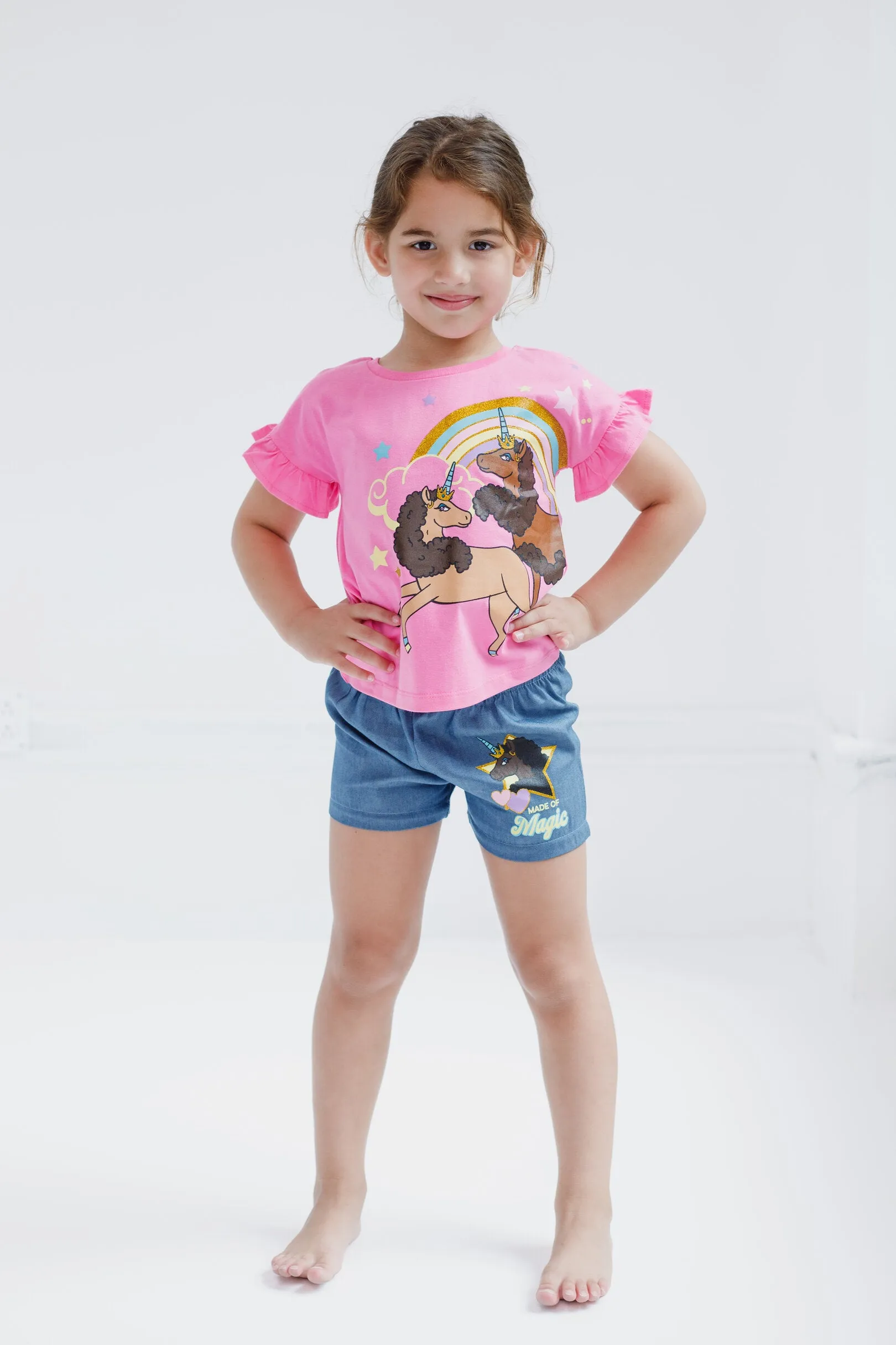 Afro Unicorn T-Shirt and Chambray Shorts Outfit Set