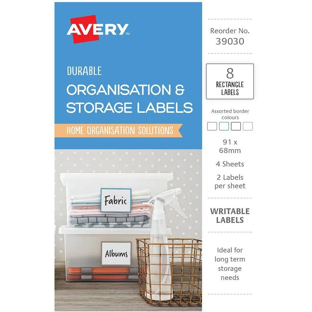 Avery 39030 Organisation And Storage Labels Rectangle 91x68mm White Pack 8