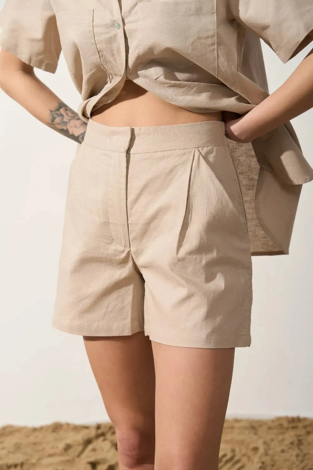 Beige Linen Blend Shorts