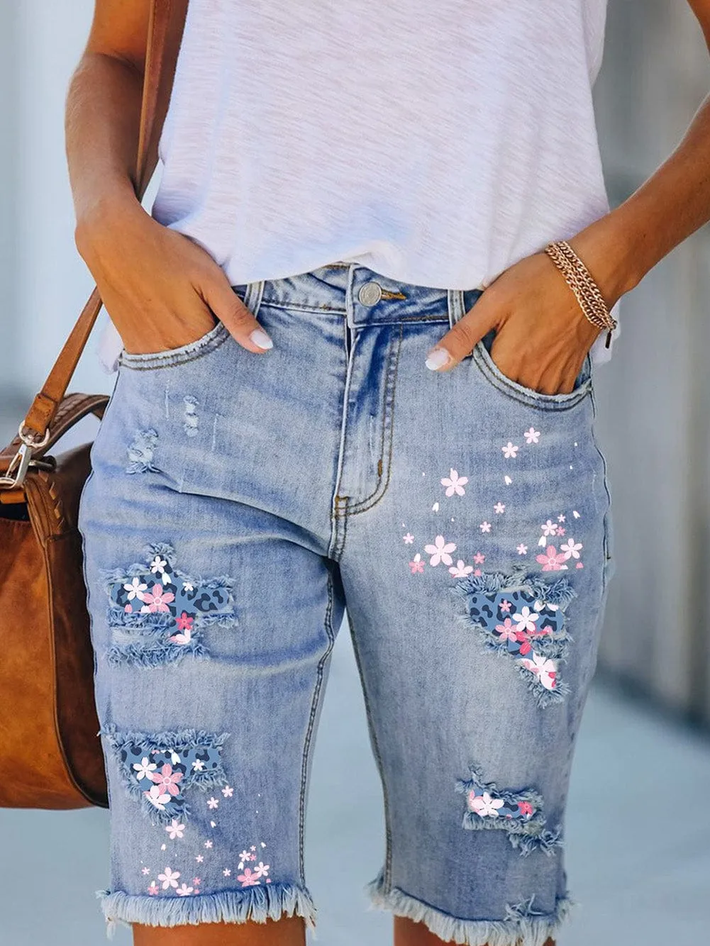 Bohemian Floral Distressed Denim Shorts