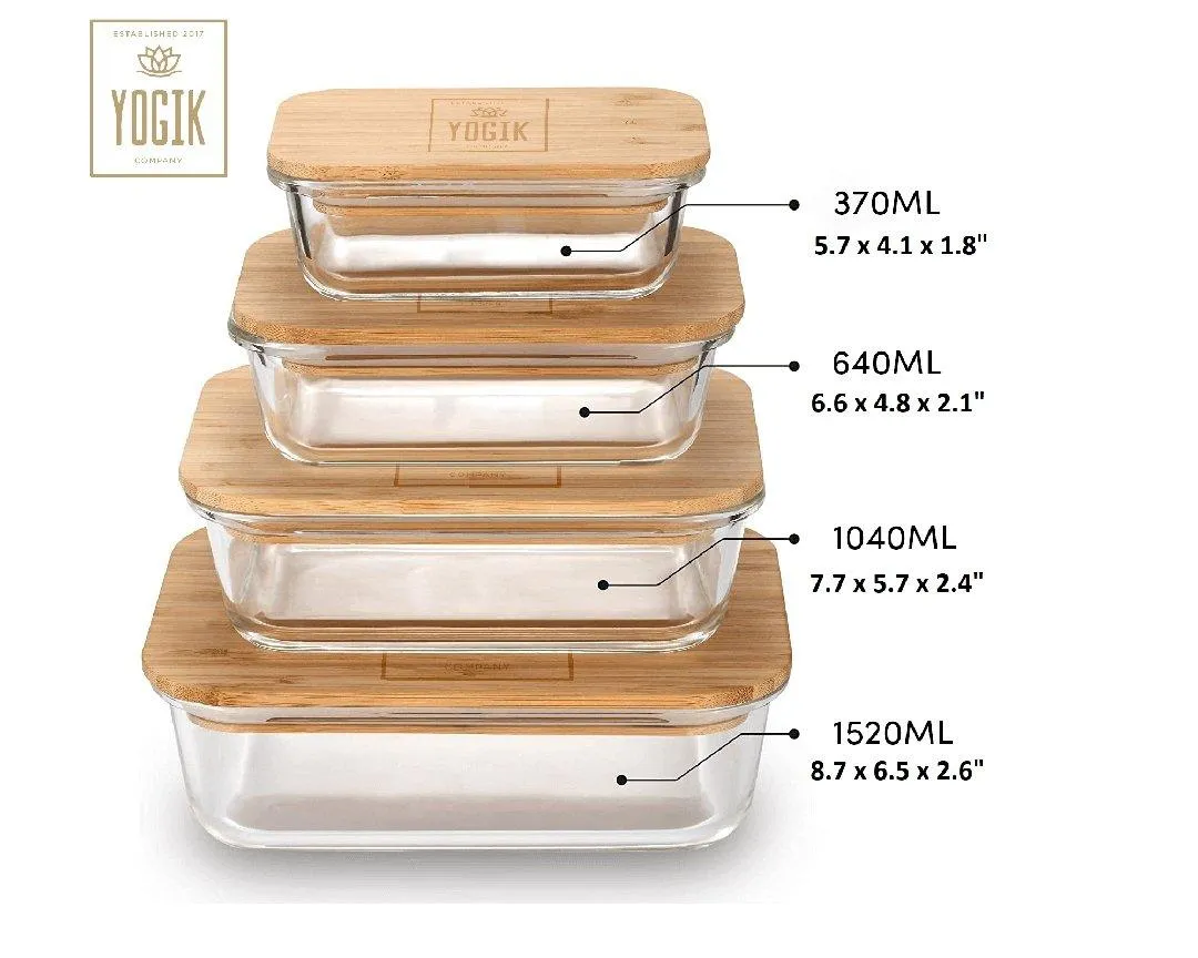 Food Storage Containers | Set of 4 Glass with Insulated Bamboo Covers