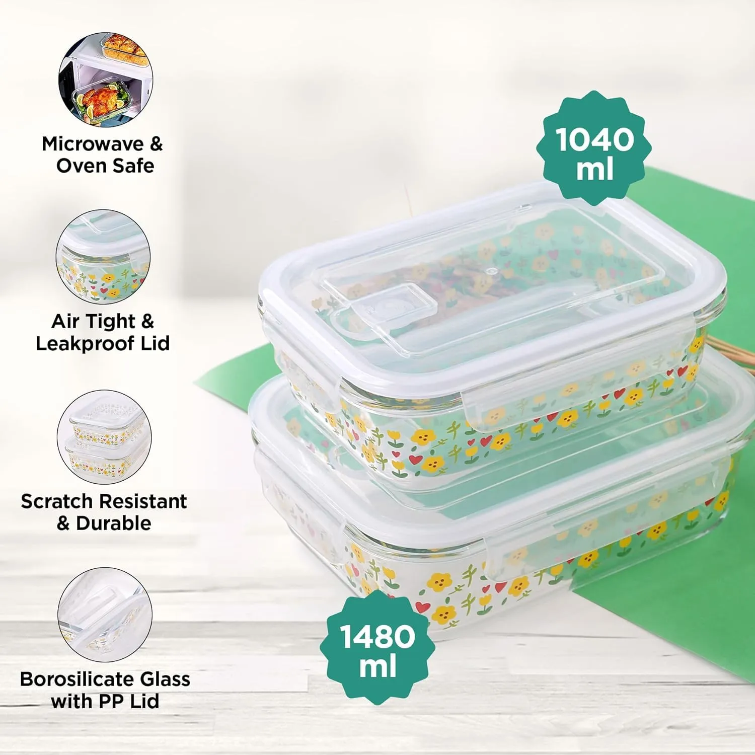 Heart Home Borosilicate Printed Container with Lid (Rectangular) | JDA054-MUL | Transparent | Pack of 2