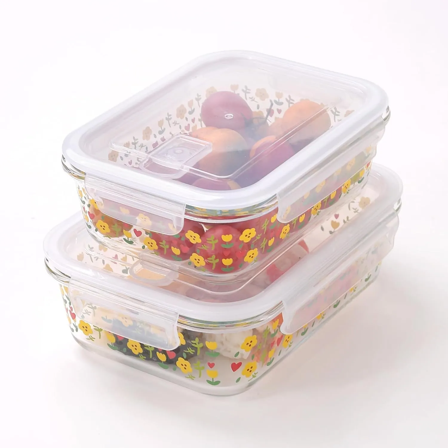 Heart Home Borosilicate Printed Container with Lid (Rectangular) | JDA054-MUL | Transparent | Pack of 2