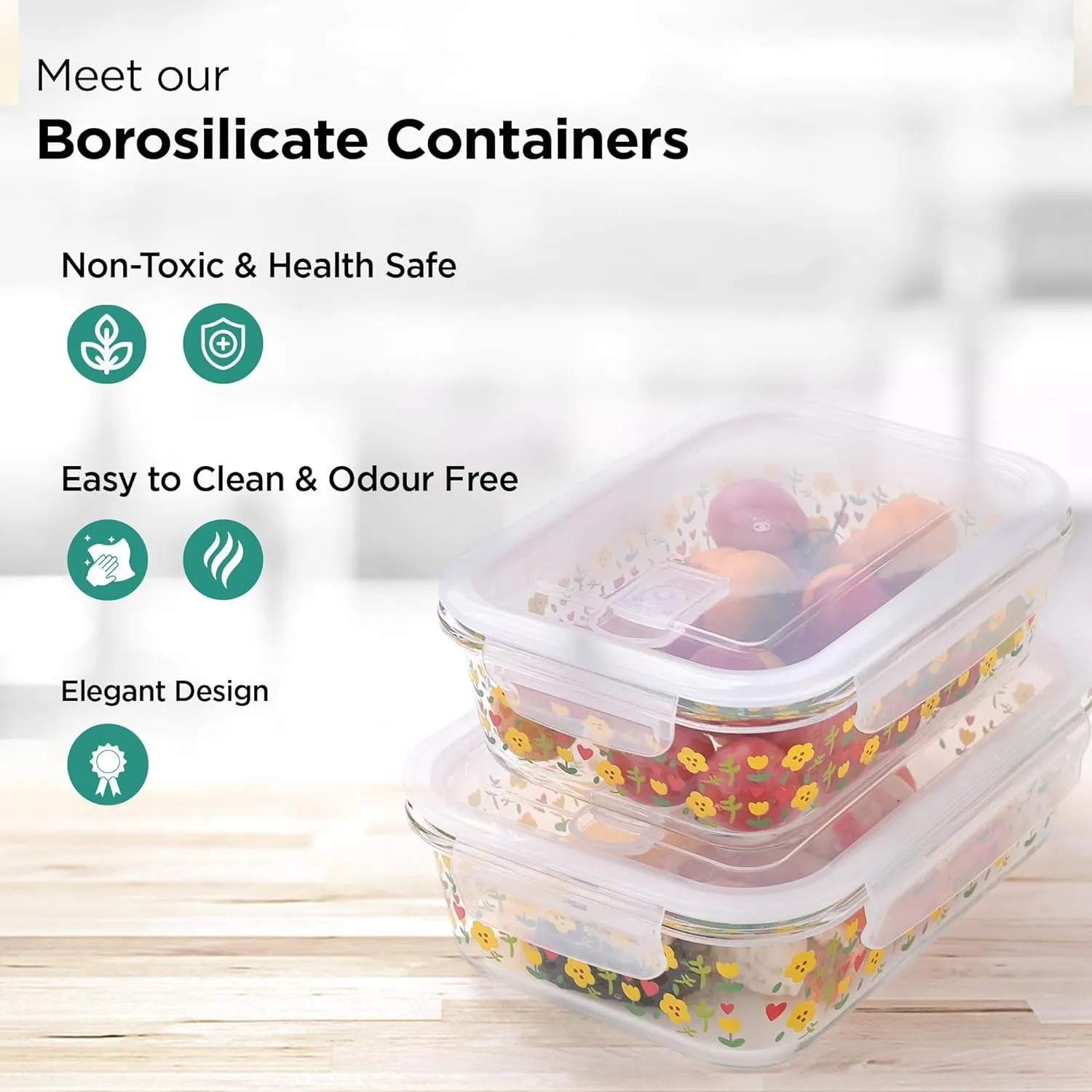 Heart Home Borosilicate Printed Container with Lid (Rectangular) | JDA054-MUL | Transparent | Pack of 2