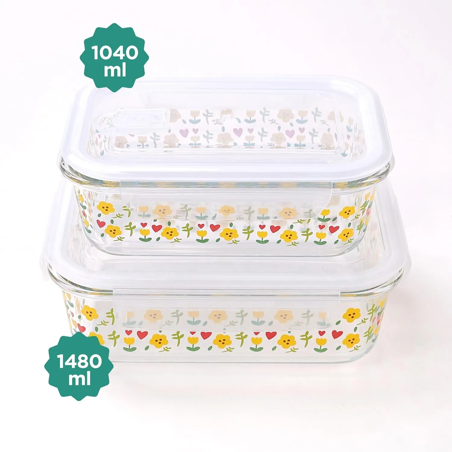 Heart Home Borosilicate Printed Container with Lid (Rectangular) | JDA054-MUL | Transparent | Pack of 2