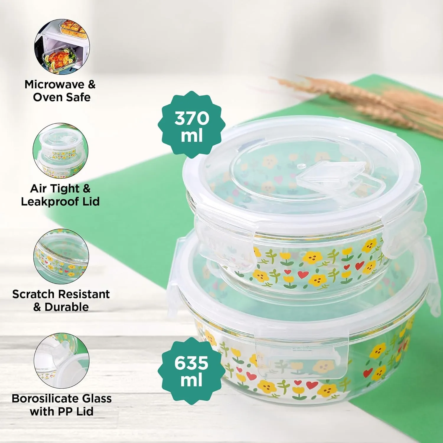 Heart Home Pack of 2 Borosilicate Kitchen Containers set with Lid | Fridge Storage | Glass Containers with Lid | Microwave Safe | Leakproof | Airtight | Multipurpose | 370ml & 635ml |Transparent