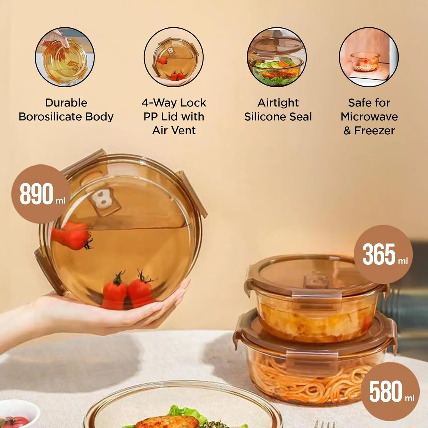 Homestic Pack of 3 Borosilicate Glass Kitchen Containers Set with Airvent Pp Lid | Airtight Round Fridge Storage Boxes for Grains, Pulses, Spices, Snacks | 365ml 580ml 890ml | Light Orange