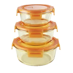 Homestic Pack of 3 Borosilicate Glass Kitchen Containers Set with Airvent Pp Lid | Airtight Round Fridge Storage Boxes for Grains, Pulses, Spices, Snacks | 365ml 580ml 890ml | Light Orange