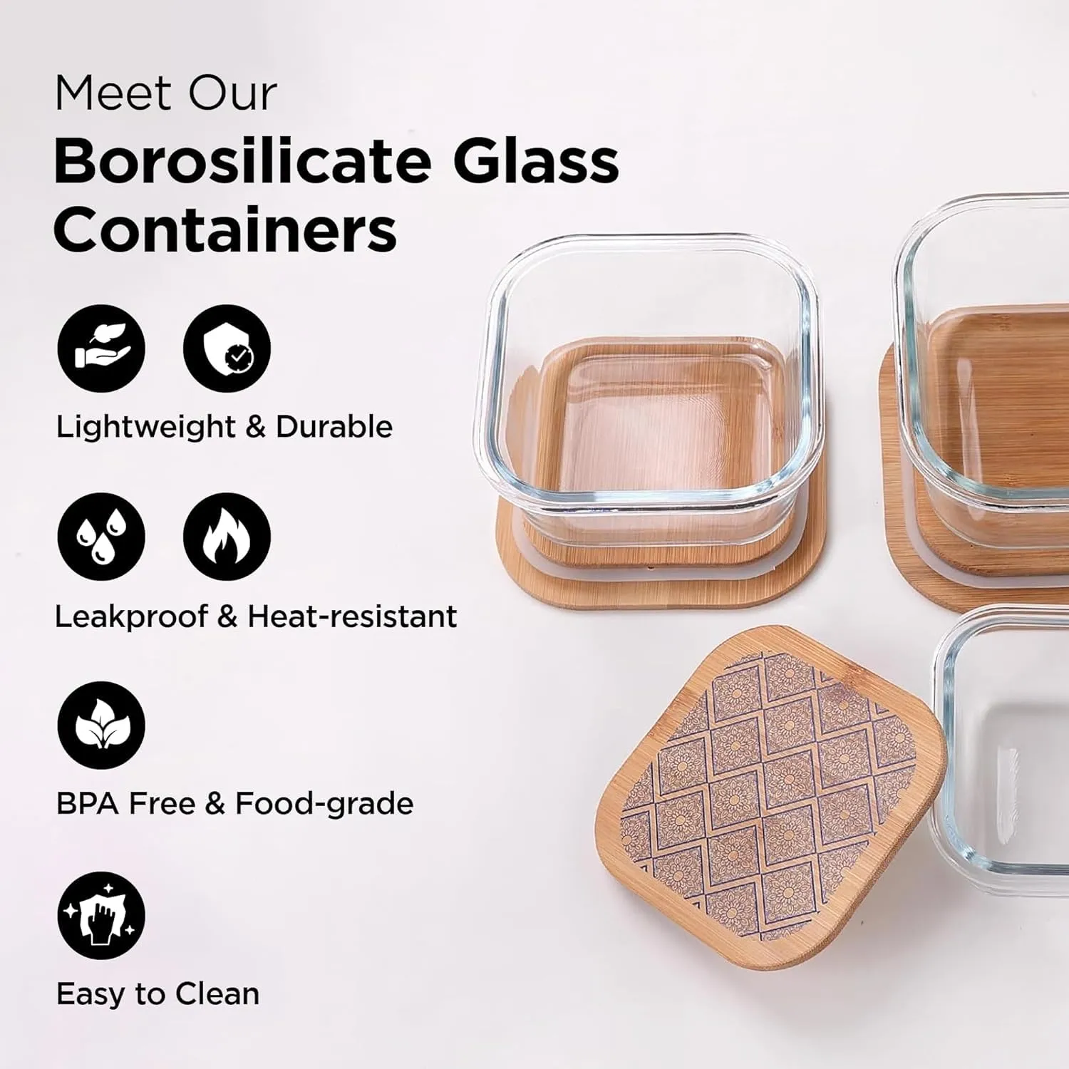 Homestic Pack of 3 Borosilicate Glass Kitchen Containers with Bamboo Lid | 310ml 510ml 800ml | Airtight Square Fridge Storage Boxes | Glass Jars for Cereal, Dry Fruits | Blue Pottery Print