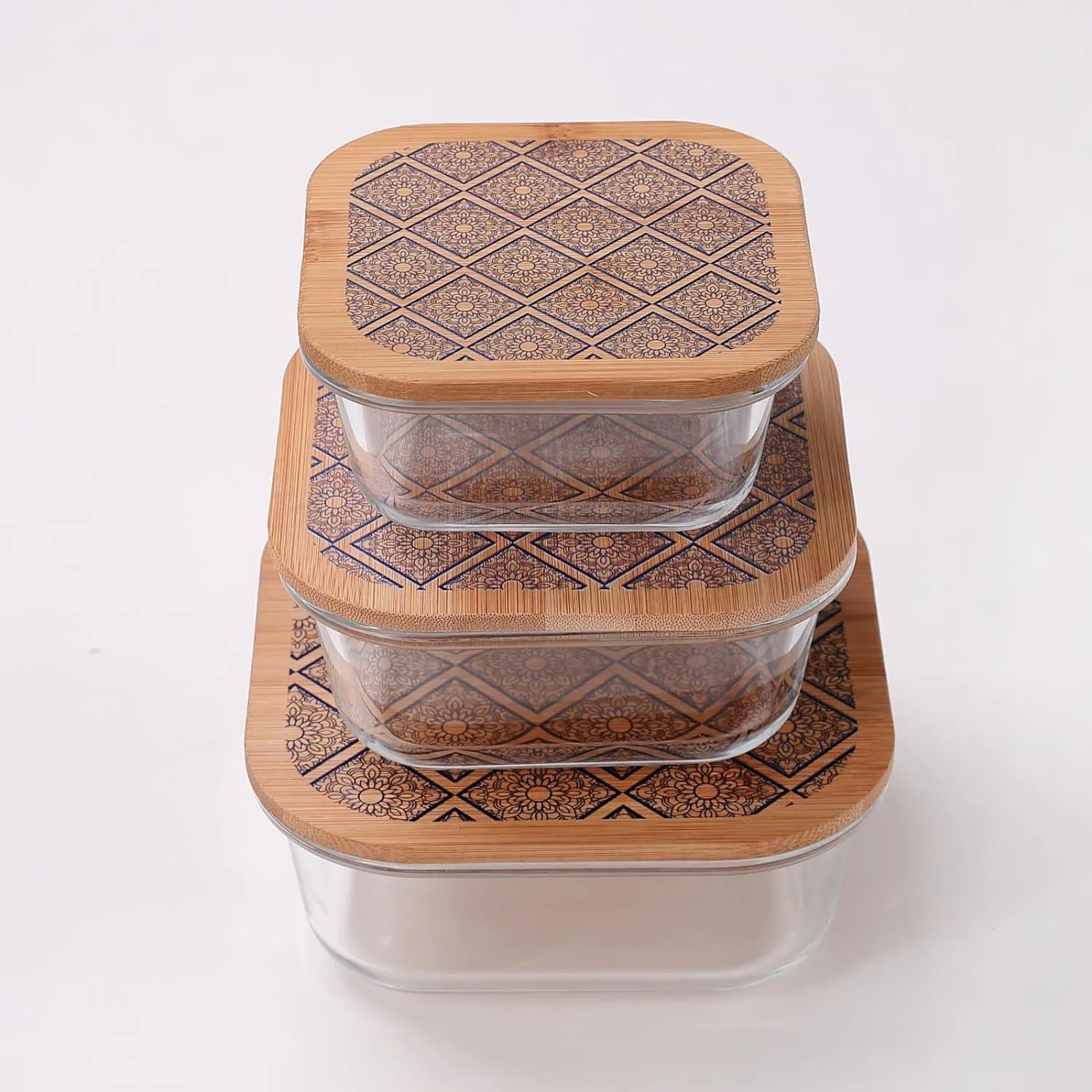 Homestic Pack of 3 Borosilicate Glass Kitchen Containers with Bamboo Lid | 310ml 510ml 800ml | Airtight Square Fridge Storage Boxes | Glass Jars for Cereal, Dry Fruits | Blue Pottery Print