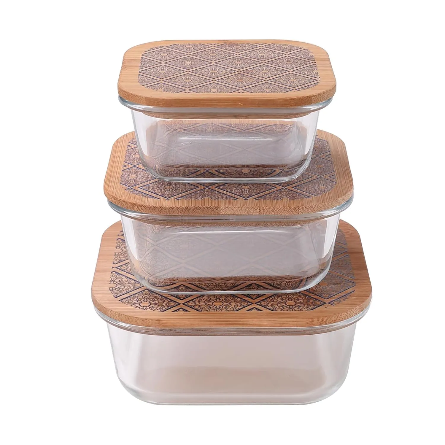 Homestic Pack of 3 Borosilicate Glass Kitchen Containers with Bamboo Lid | 310ml 510ml 800ml | Airtight Square Fridge Storage Boxes | Glass Jars for Cereal, Dry Fruits | Blue Pottery Print