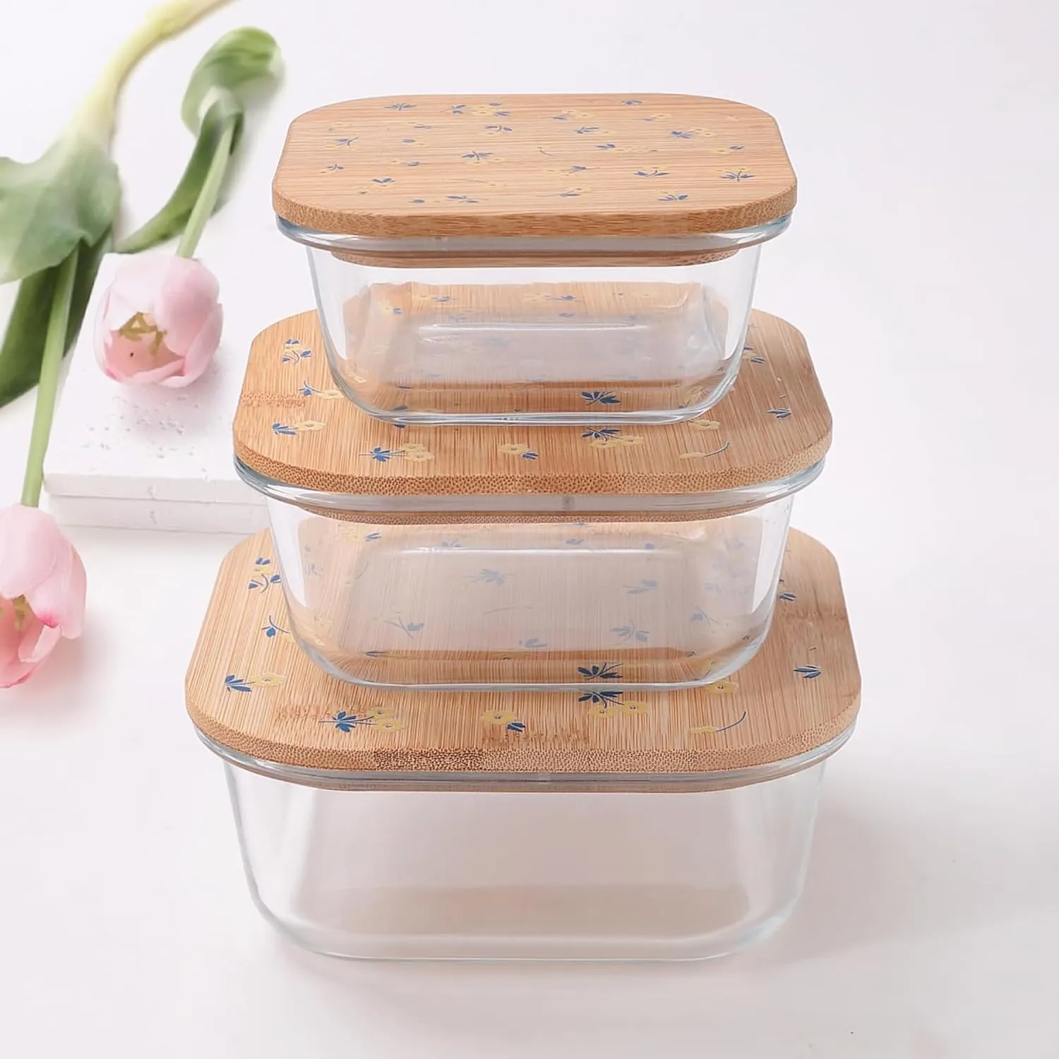 Homestic Pack of 3 Borosilicate Glass Kitchen Containers with Bamboo Lid | 310ml 510ml 800ml | Airtight Square Fridge Storage Boxes | Glass Jars for Cereal, Dry Fruits | Happy Dance Print