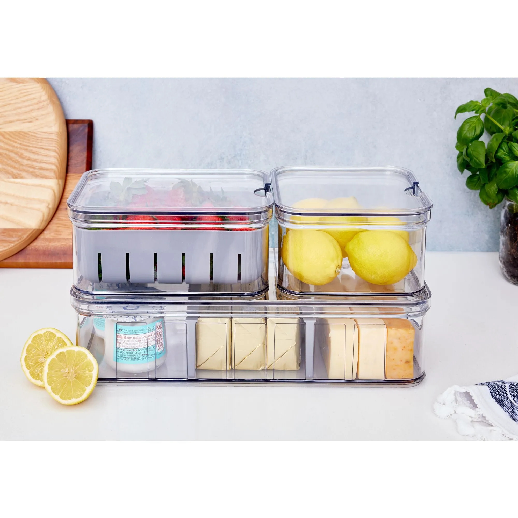 iDesign 3-Piece Recycled Plastic Crisp Fridge Bin Set with Lids