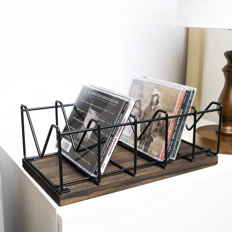 Industrial Burnt Wood and Matte Black Metal CD Storage Rack, Holds 25 CD Cases