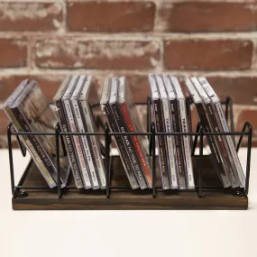 Industrial Burnt Wood and Matte Black Metal CD Storage Rack, Holds 25 CD Cases