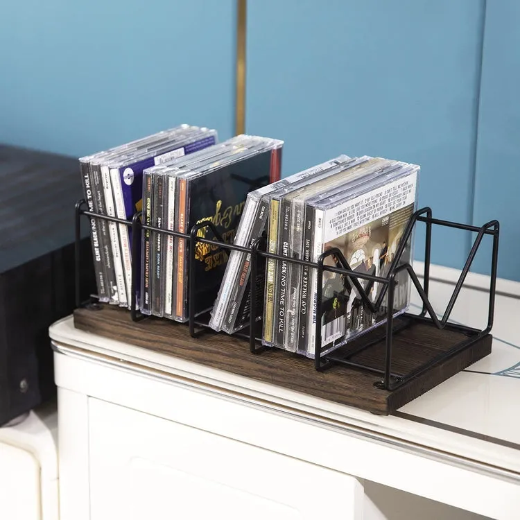 Industrial Burnt Wood and Matte Black Metal CD Storage Rack, Holds 25 CD Cases