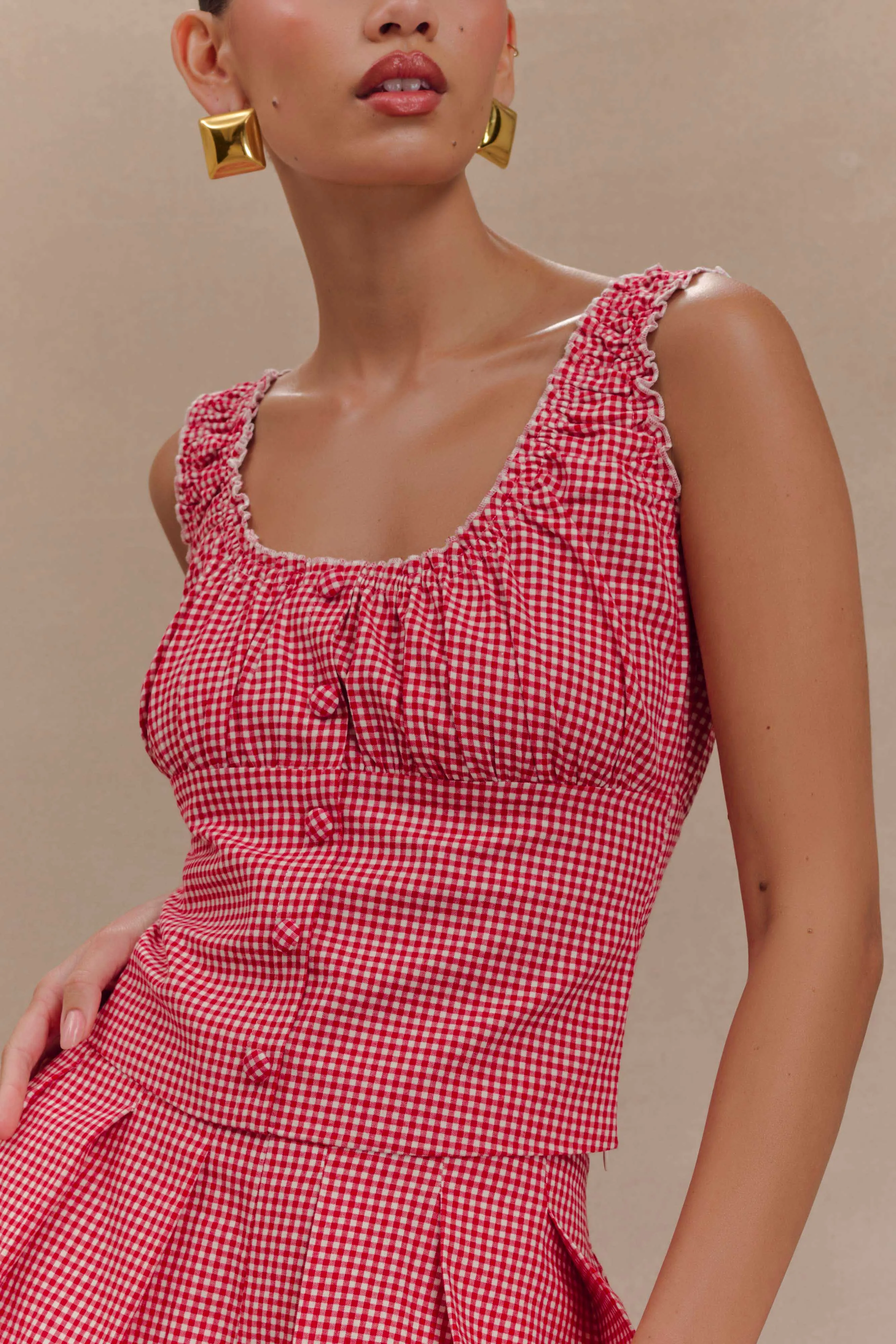 Ines Sleeveless Ruched Top - Red Gingham