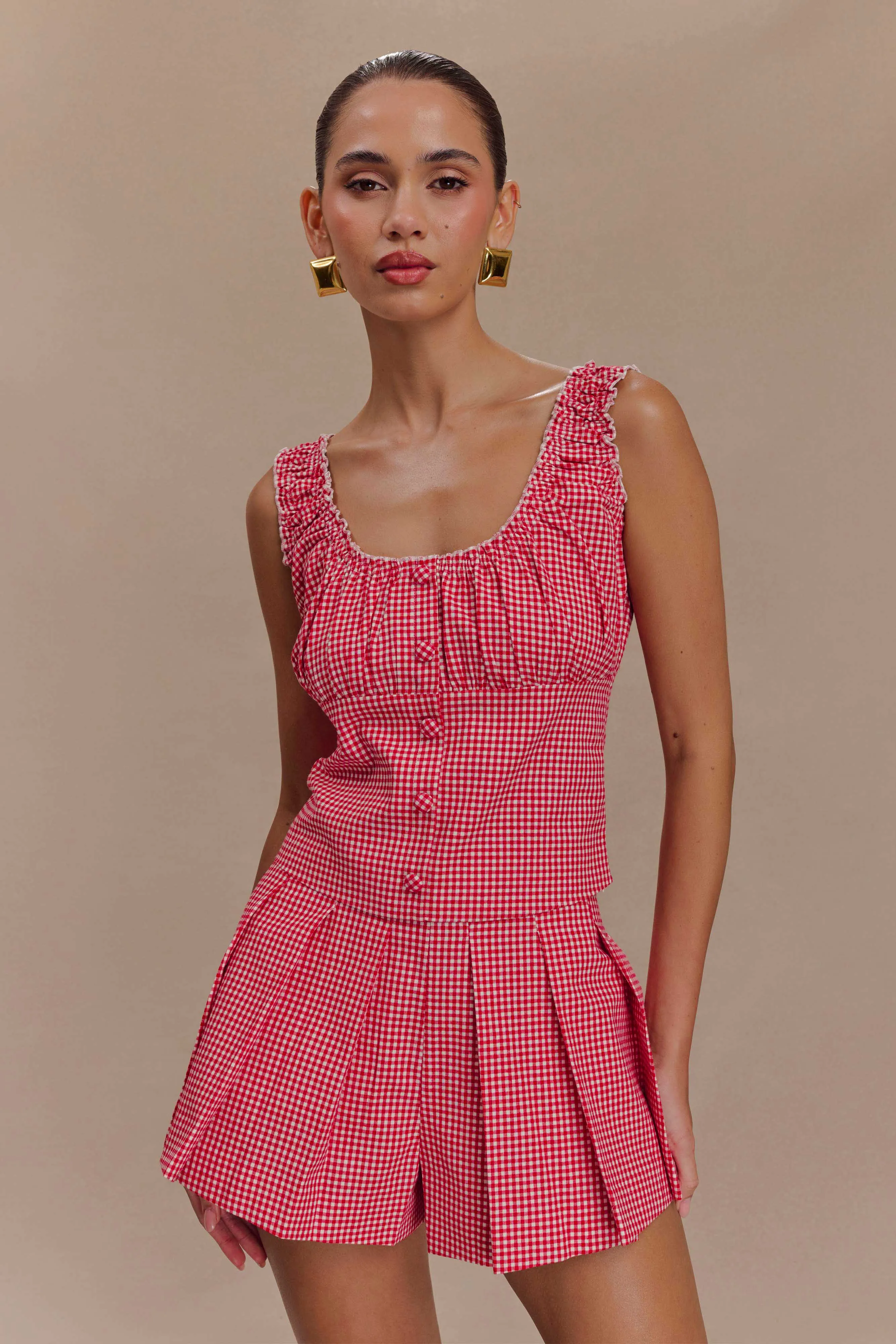 Ines Sleeveless Ruched Top - Red Gingham