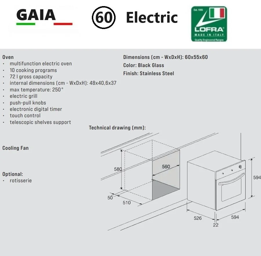 LOFRA Gaia 69ee FOS Stainless Steel Built In Multi Function Electric Single Oven 60cm