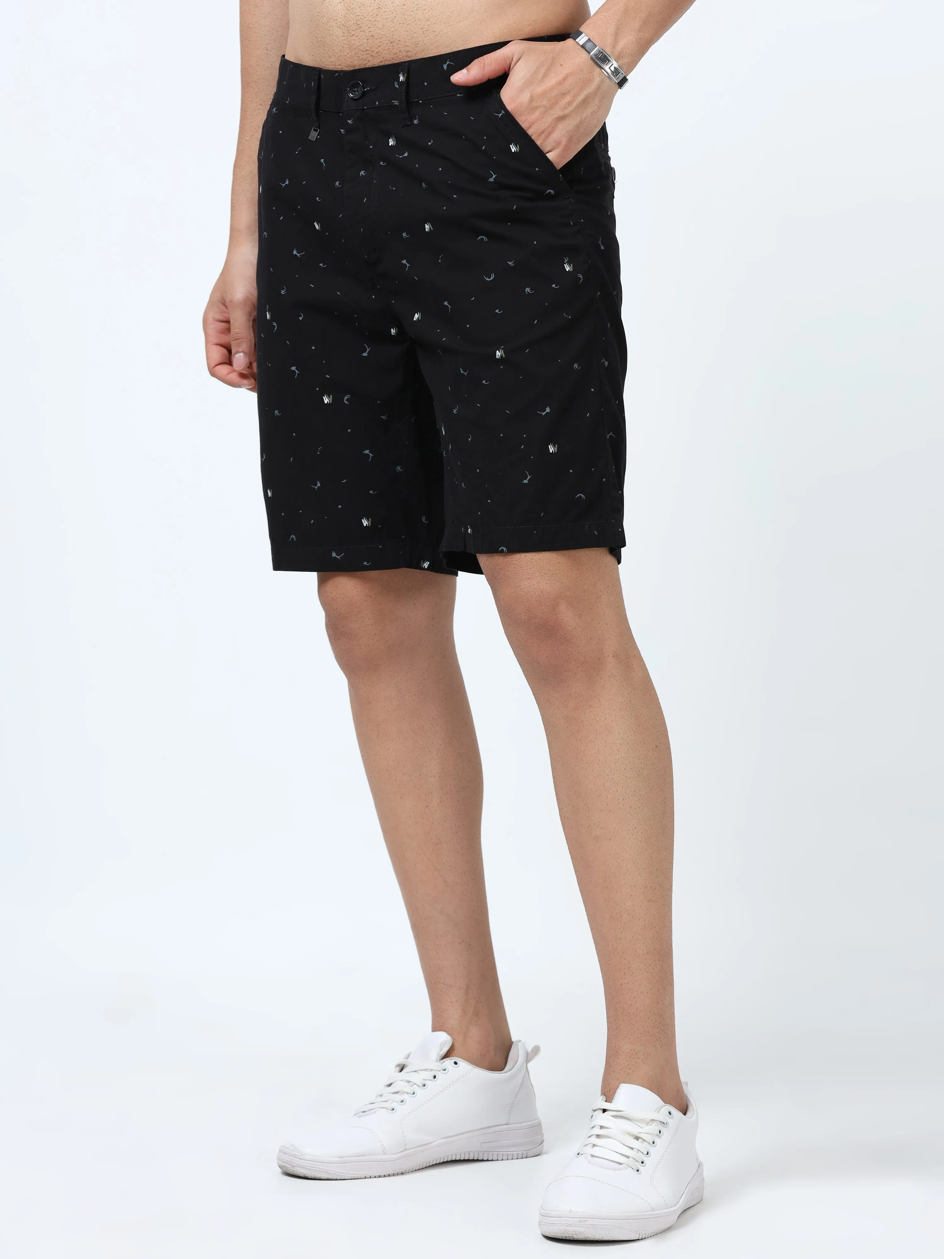 Men Black Relaxed Fit Satin Printed Shorts