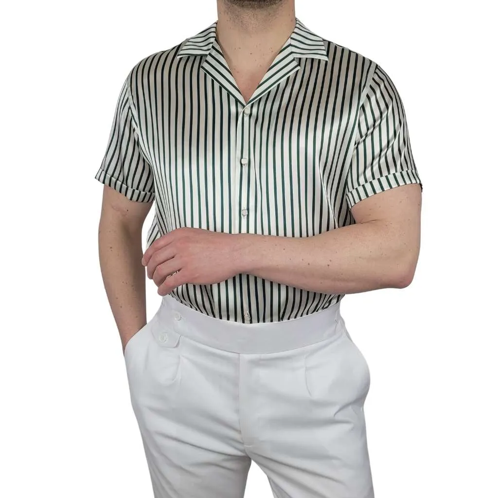 Mens Green Stripe Short Sleeve Silk Shirt