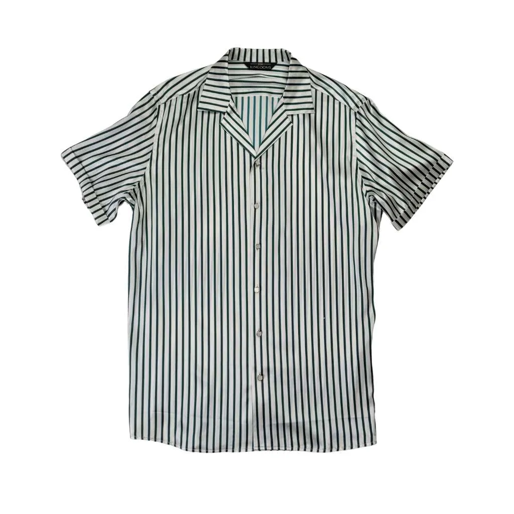 Mens Green Stripe Short Sleeve Silk Shirt