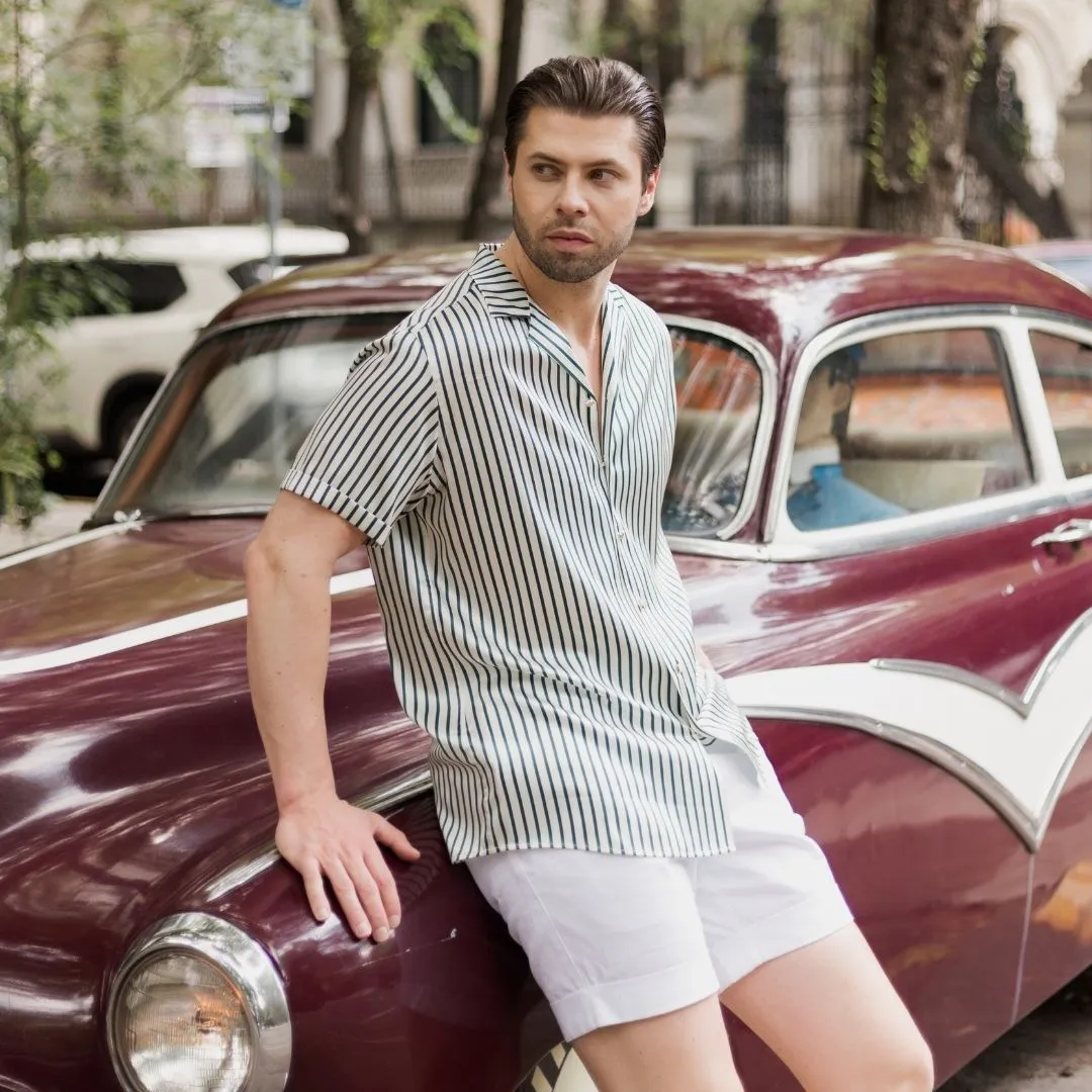 Mens Green Stripe Short Sleeve Silk Shirt