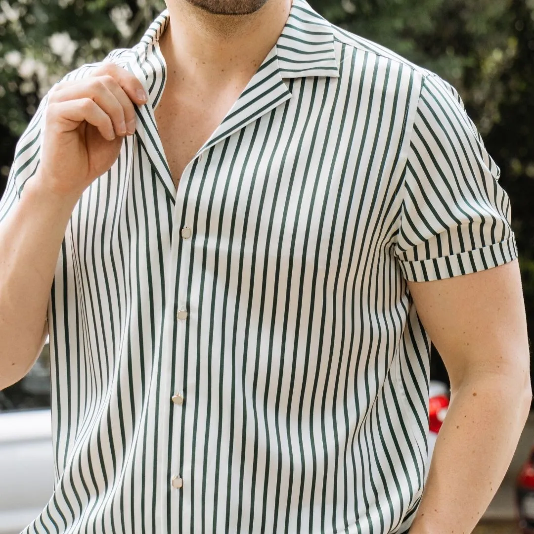 Mens Green Stripe Short Sleeve Silk Shirt