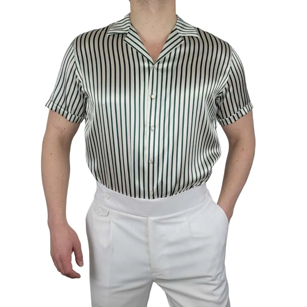 Mens Green Stripe Short Sleeve Silk Shirt