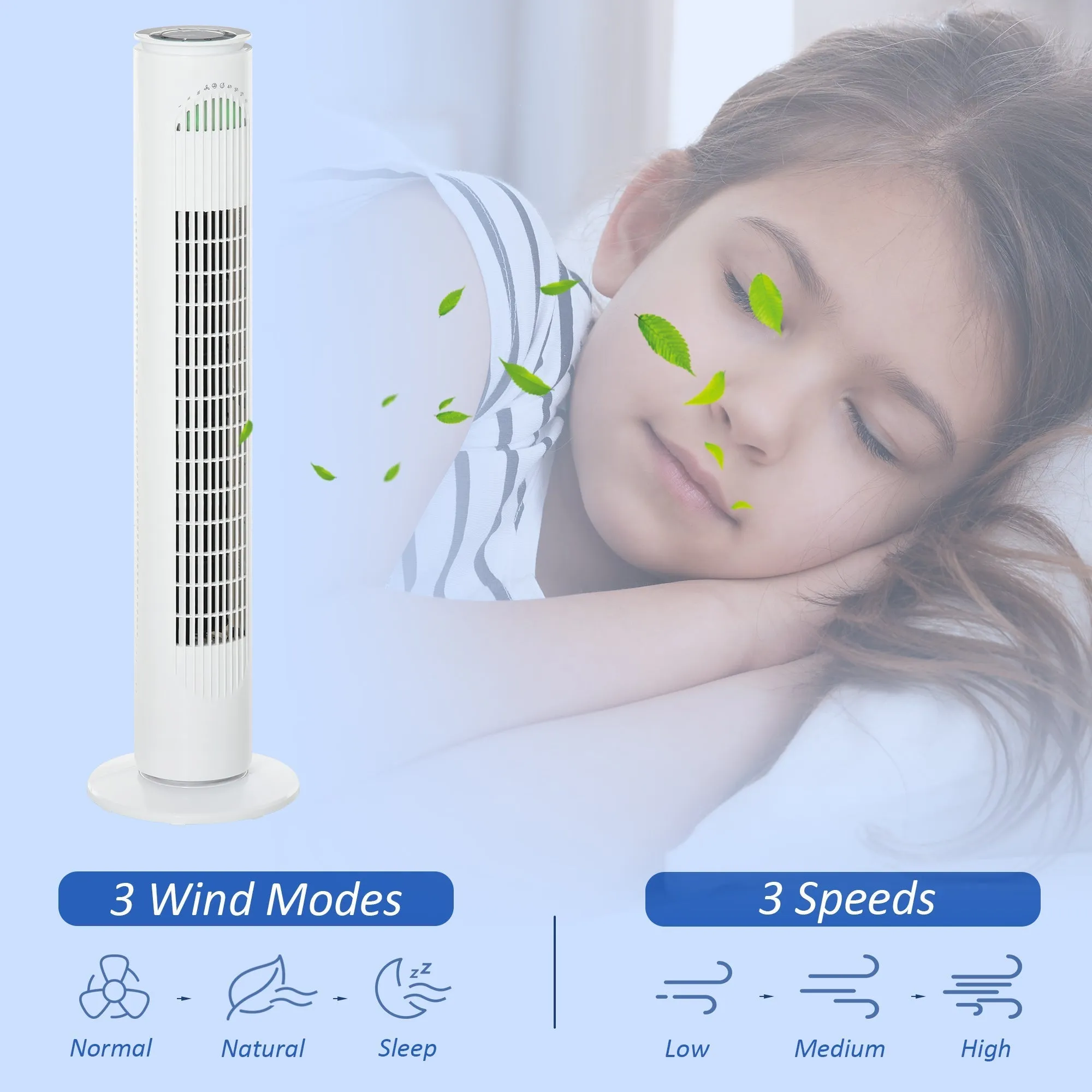 Oscillating Three Speed Tower Fan With Timer White