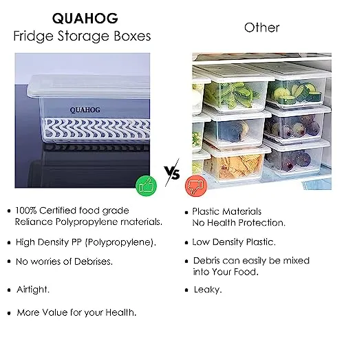 QUAHOG Fridge Storage Boxes (Pack of 6), Fridge Organizer with Removable Drain Plate Tray Keeps Fruits, Vegetables, Meat, Fish Fresh Longer 1500 ML, Polypropylene