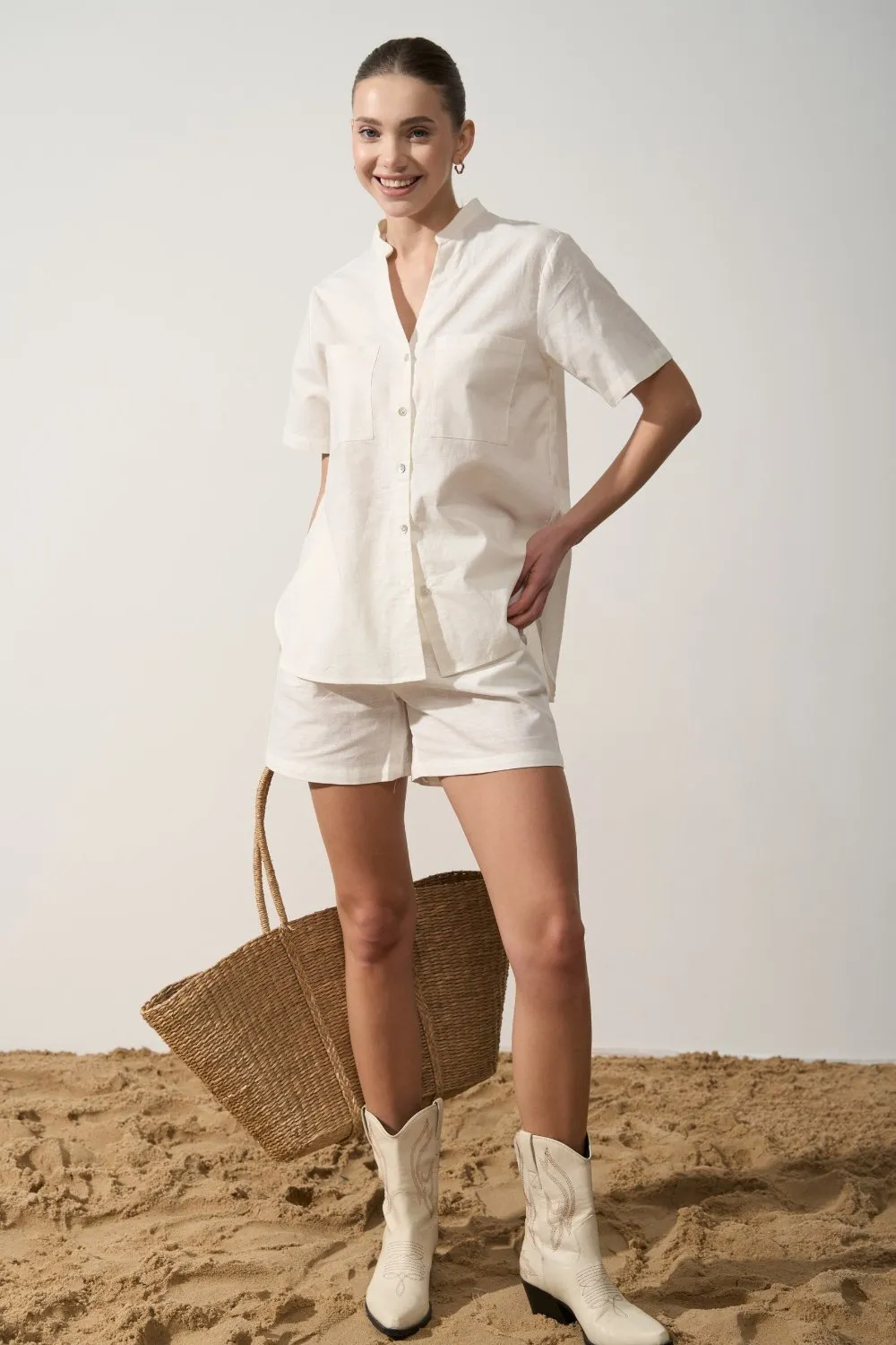 White Linen Blend Shorts